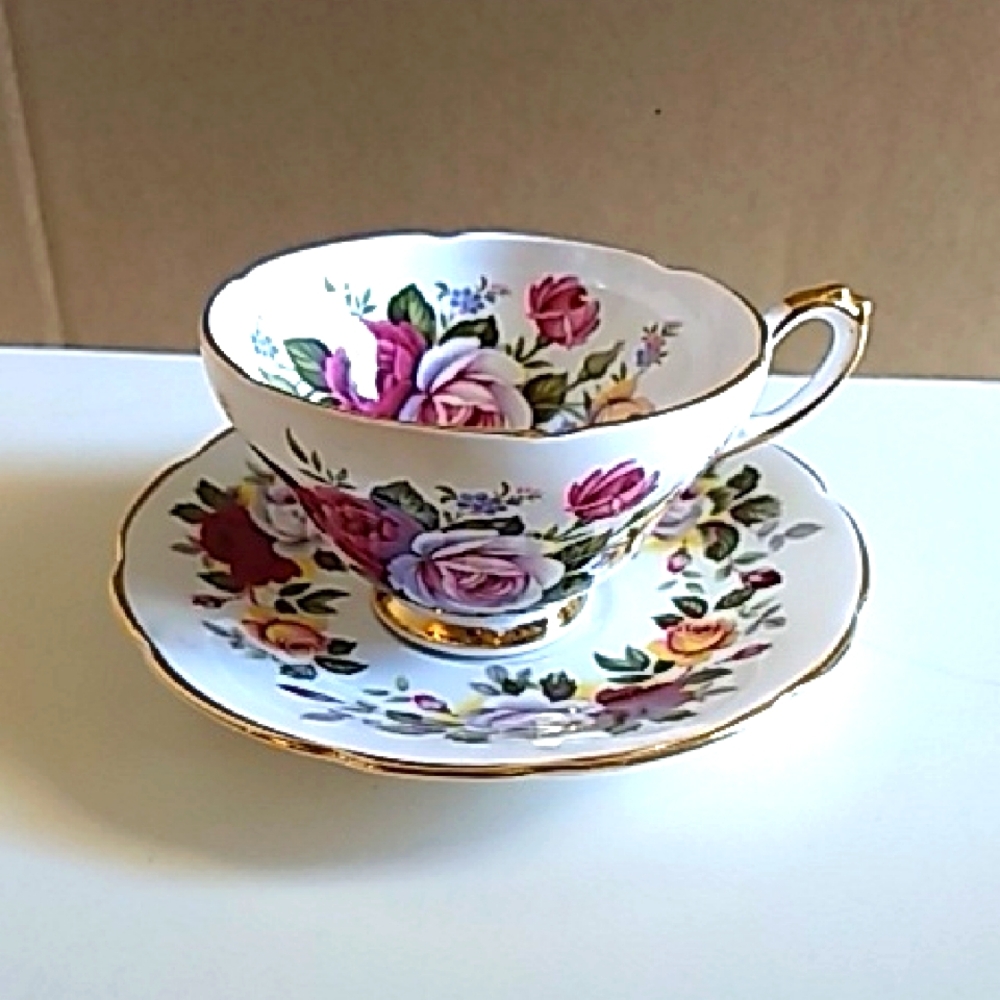 Vintage Royal Sutherland Floral Teacup and Saucer with Gold Trim